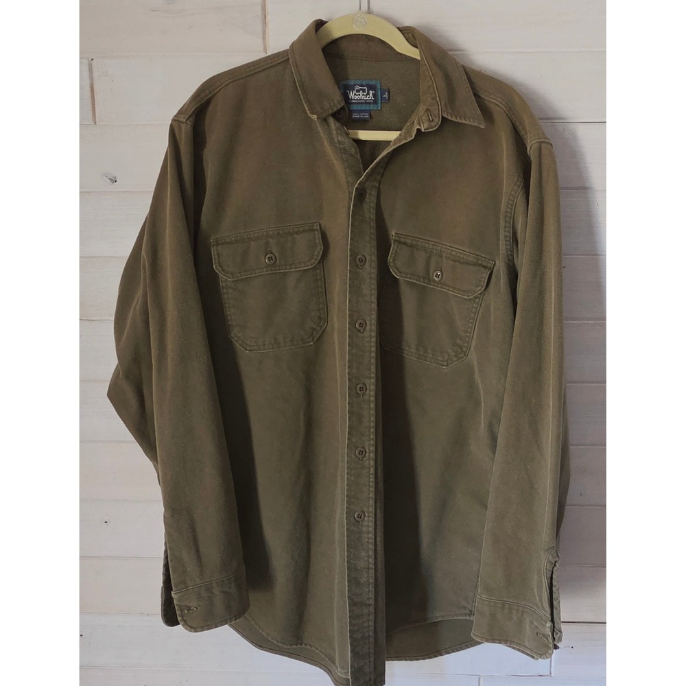 VTG Woolrich Mens Large Long Chamois Shirt Olive Green Cotton Made in USA Heavy